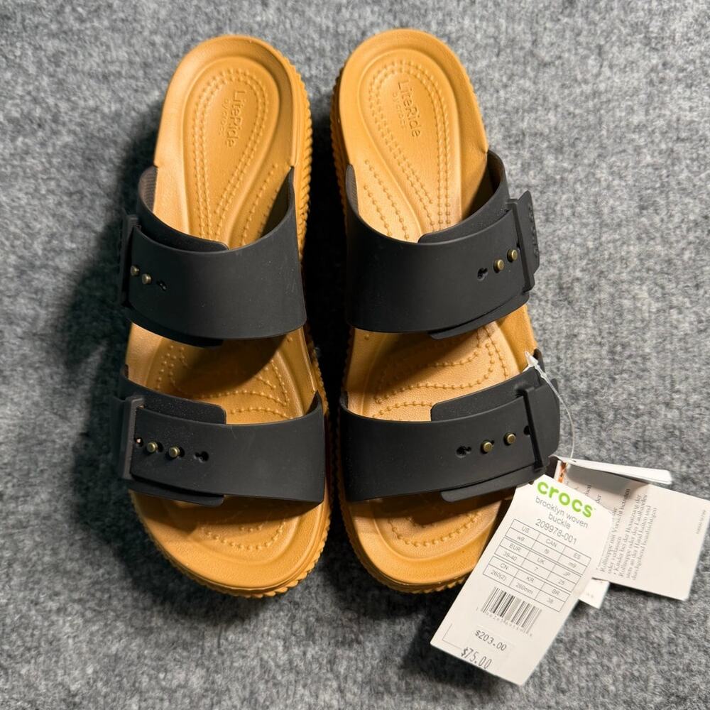 Crocs Brooklyn Woven Buckle Sandals Women’s 9 Black Tan Platform NWT